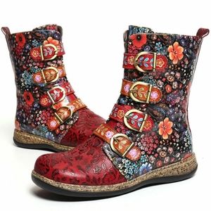 SOCOFY Retro Small Flowers Short Boots NEW
